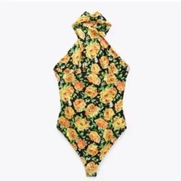 ZARA BLACK YELLOW FLORAL HALTER NECK RUCHED CUT OUT BACK BODYSUIT SIZE SMALL NWT - Picture 4 of 9